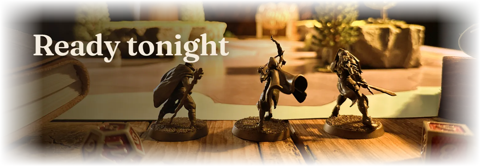 Ready tonight. Miniatures and dice on a tabletop battle map