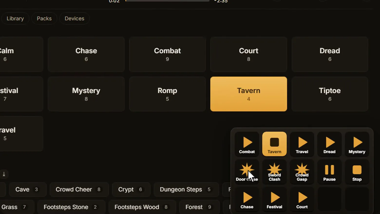 A rendered Stream Deck beside Bardio: pressing Combat, Tavern, a door effect and Stop; the app follows each press