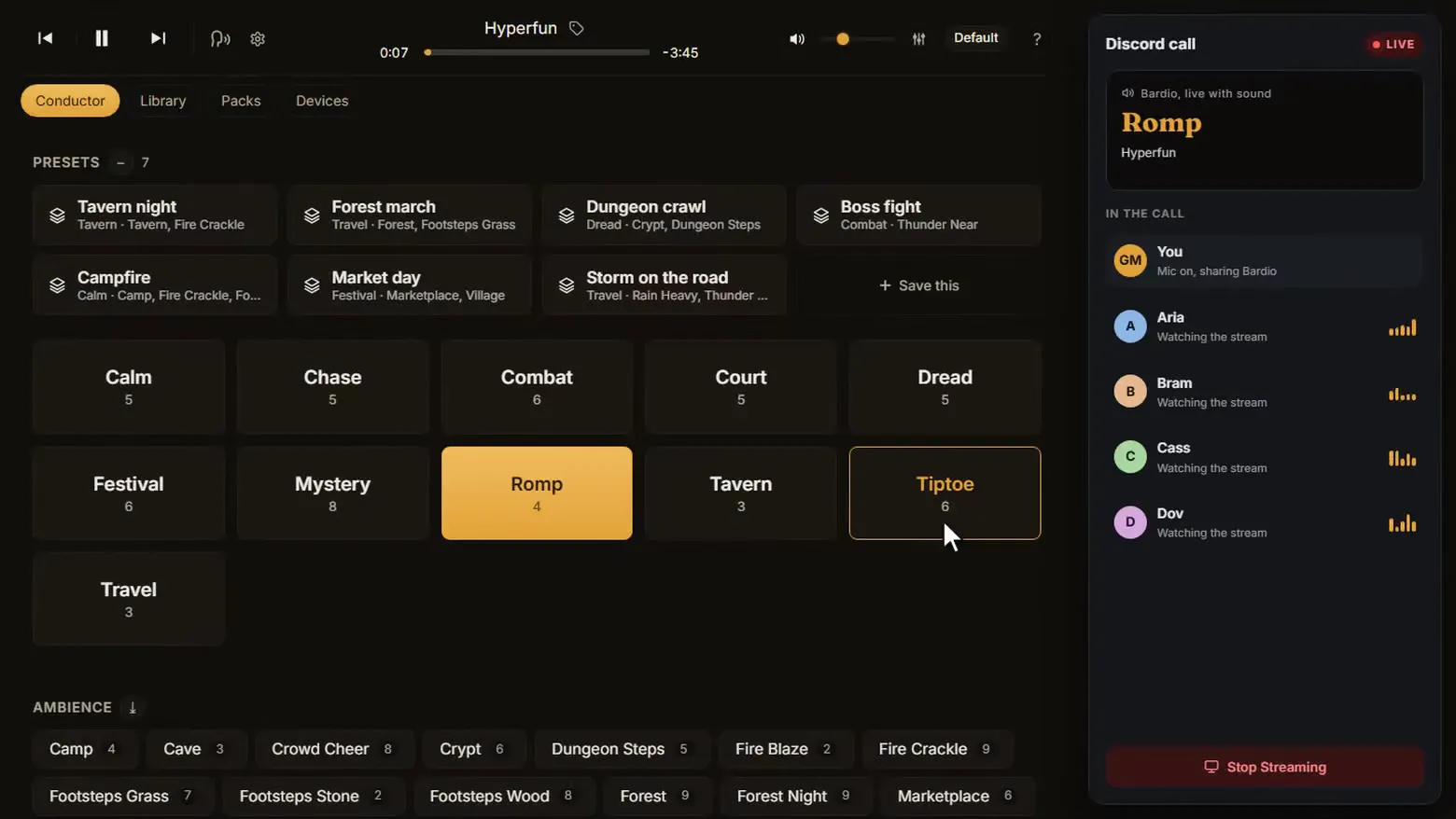 Bardio beside an illustrated Discord call: the GM shares the Bardio window with sound and goes live, the players' audio meters come alive, and the stream follows a change of scene